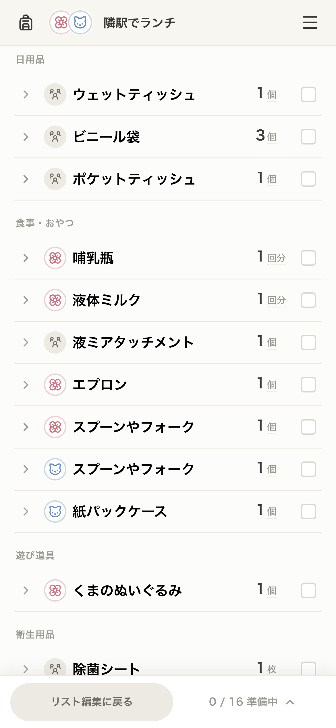 持ち物リストの画面
